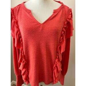 ANTHROPOLOGIE Pilcro Womens Ruffle Pullover Sweater Top Coral Orange Size Small